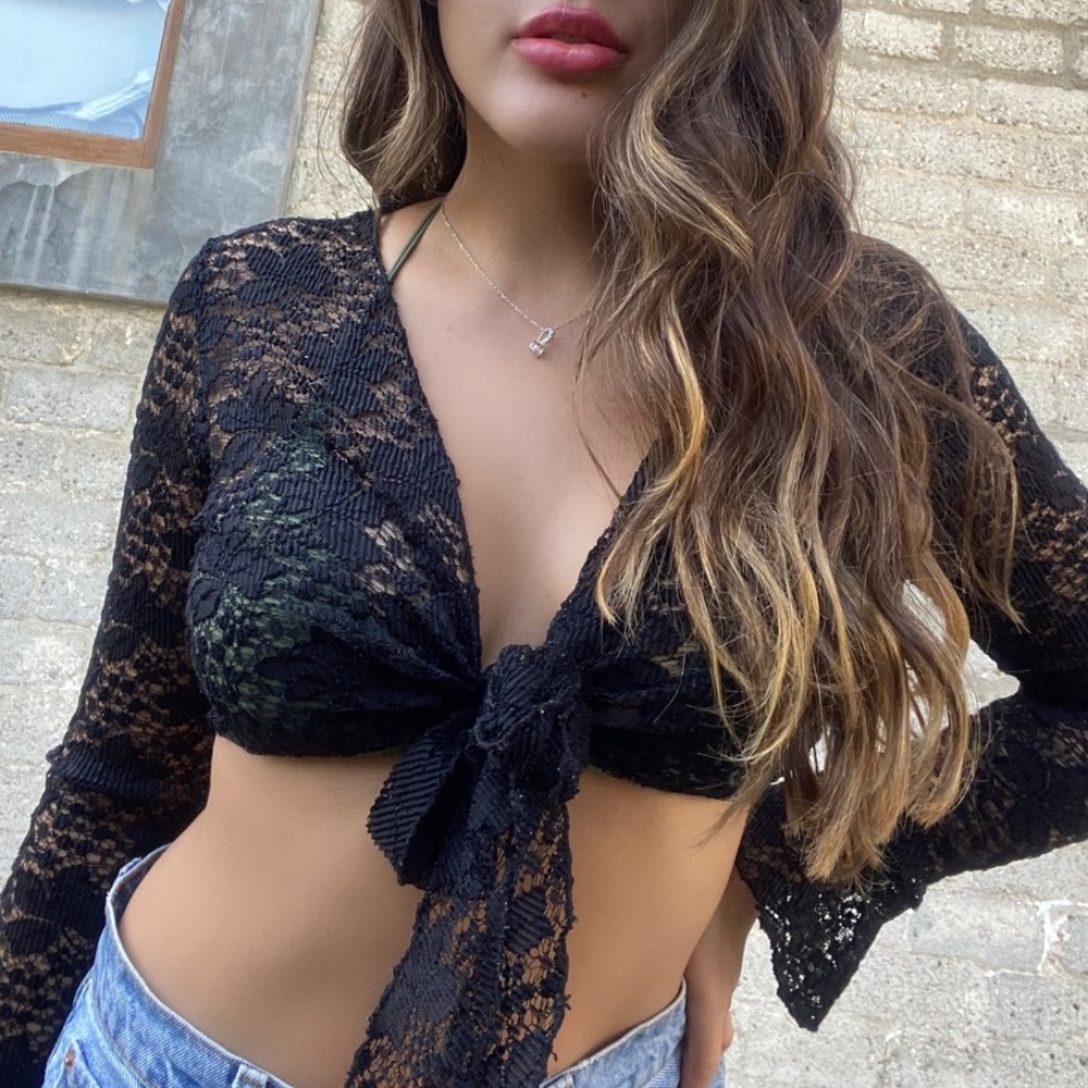 Vintage Black Lace Tie-Front Top Size Small